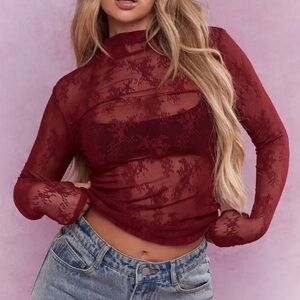 Floral Lace Mesh Layering Top-Burgundy